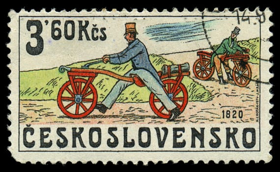 CZECHOSLOVAKIA - CIRCA 1986: stamp printed by CZECHOSLOVAKIA, shows the image of retro Bicycle, circa 1986