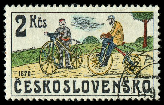 CZECHOSLOVAKIA - CIRCA 1986: stamp printed by CZECHOSLOVAKIA, shows the image of retro Bicycle, circa 1986