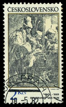 CZECHOSLOVAKIA - CIRCA 1982: A stamp printed in Czechoslovakia, shows musicians in a hostel, by Rembrandt (1606-1669), series, circa 1982