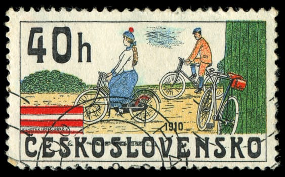CZECHOSLOVAKIA - CIRCA 1986: stamp printed by CZECHOSLOVAKIA, shows the image of retro Bicycle, circa 1986