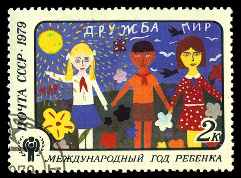 USSR - CIRCA 1979: a stamp printed by USSR (Russia), shows children's drawing "Friendship", from the series "International Year of the Child", circa 1979