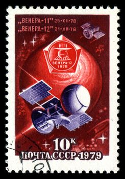 USSR - CIRCA 1979: A stamp printed in USSR, satellite space station spacecraft "Venus-11", "Venus-12", circa 1979