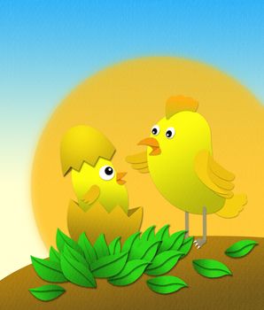 Illustrator of yellow chicken family 