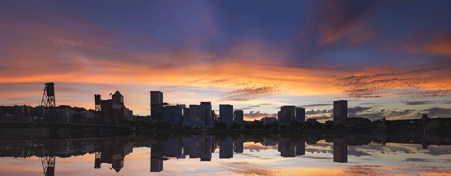 Portland Oregon Downtown Waterfront City Skyline with Hawthorne Bridge at Sunset Panorama