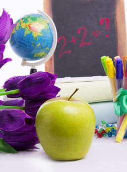 Back to school concept with flowers and apple isolated