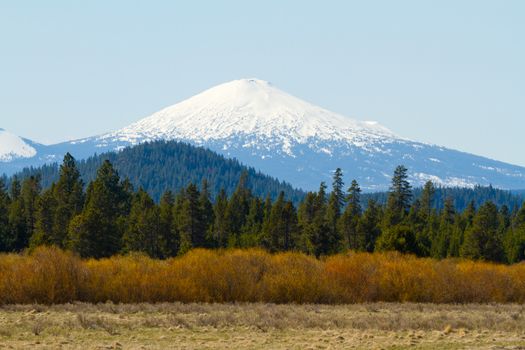 Mount Bachelor in Oregon is photographed from a distance to create this nature scenic landscape of the snow-capped mountain.