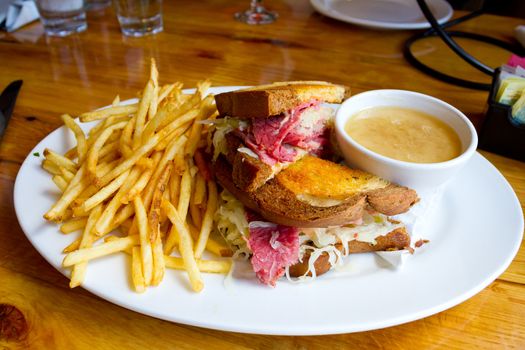 Thsi unique reuben sandwich is made with corned beef and sauerkraut.