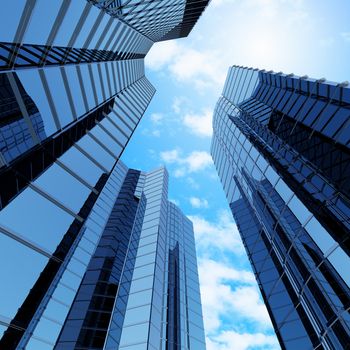 Bottom view of modern skyscraper. Business district