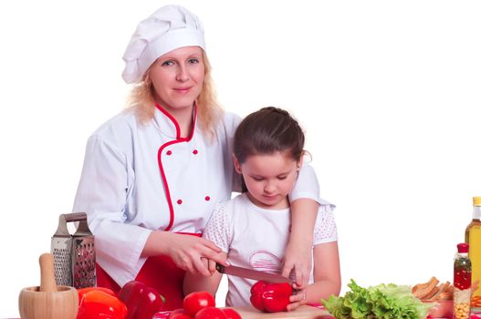 Mother and daughter cooking dinner, white backgroung
