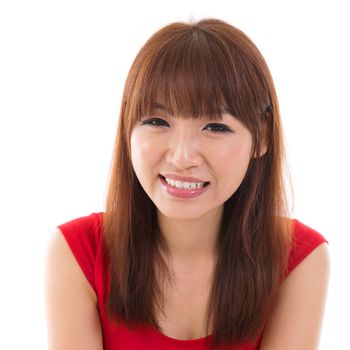 Close up portrait headshot of Asian woman smiling wearing red dress isolated on white background. Asian female model.