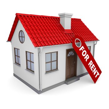 A small house with a label for the rent. Isolated render on a white background