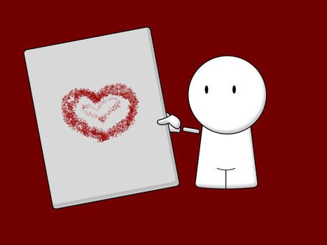 white character with heart on page isolated red background