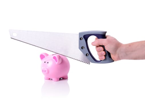 breaking into saving piggy bank using a saw.