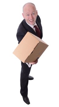 businessman offering a parcel isolated on white