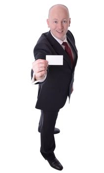 businessman holding up calling card with copy space isolated on white focus on card