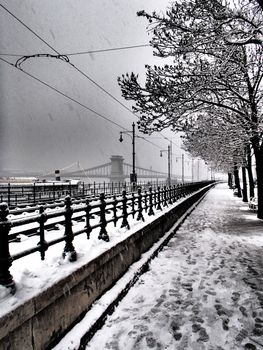 Lonely pavement covered with snow in Budapest, Hungary