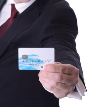 man holding out a credit debit card with copy space isolated on white background