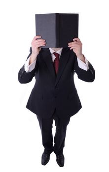 man holding up book to read isolated on white background