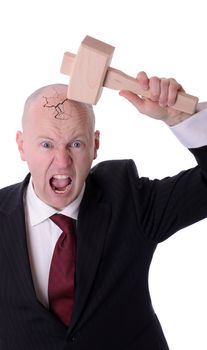 businessman under pressure smashing head isolated on white