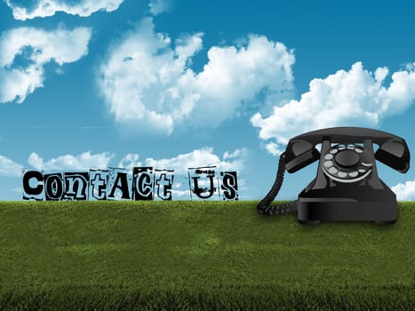 contact us on old telephone in green field and blue sky