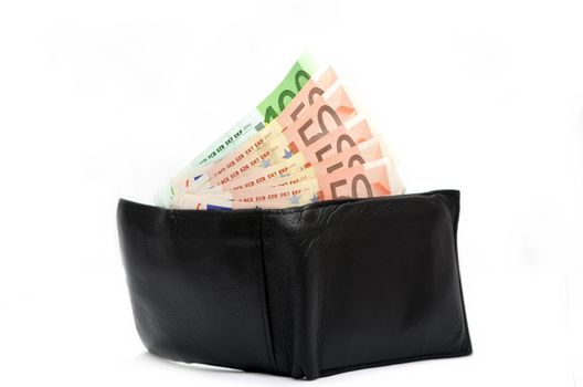 Money (euro) in wallet on a white background