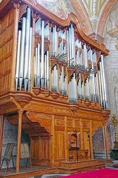 Organ in a christian church. Santa Maria degli Angeli e dei Martiri in Rome, Italy