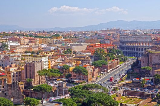 Rome cityscape, Via dei fori imperiali and Colosseum