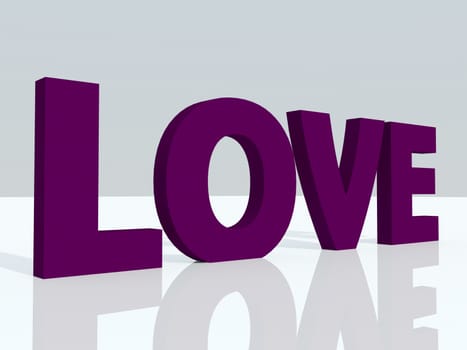 3d love text over white reflected surface