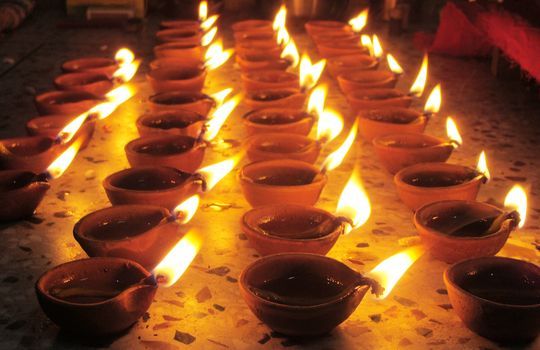 oil lamps at home in rows