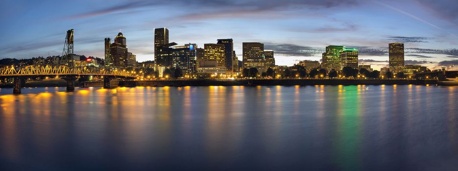 Portland Oregon Downtown Waterfront City Skyline with Hawthorne Bridge at Blue Hour Panorama