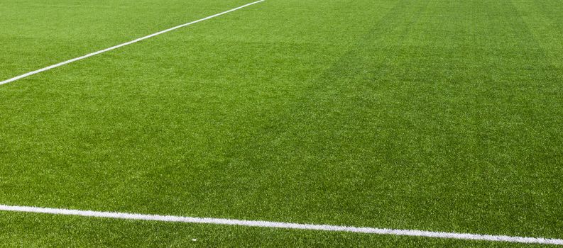 White stripe on the green soccer field from top view