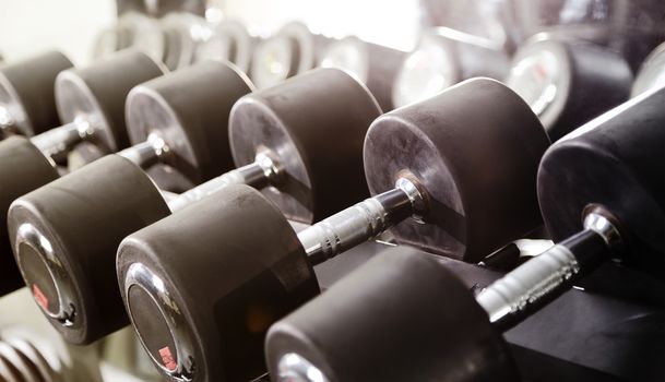 Close up of a rack of dumbbells in a gym.