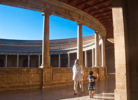 nside the palace of Charles V at the Alhambra. Granada, Spain