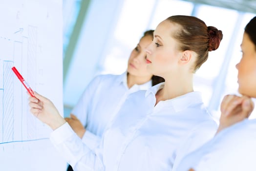 business consultant discussing with colleagues around the flipchart, teamwork