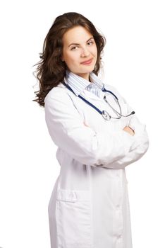 woman doctor, crossed her arms and smiles, isolated on white background