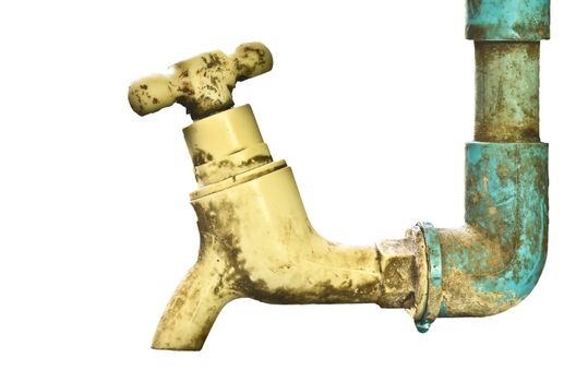 old rusty tap leaking water on white background