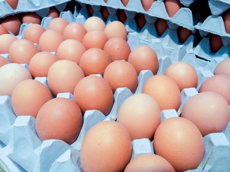 Closeup of brown eggs in grey cardboard boxes at marketplace