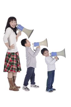 Family with megaphone on white background