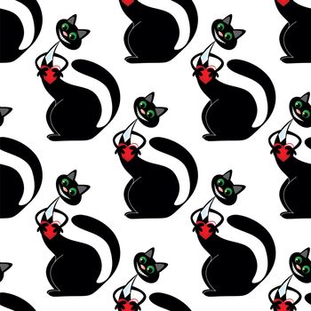white seamless pattern with black cat with heart