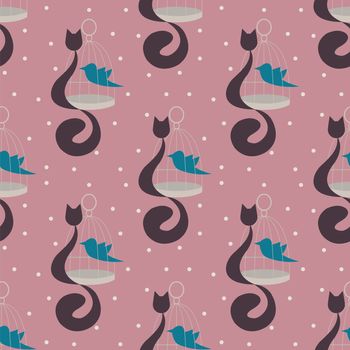seamless pattern with cat with cage and the blue bird