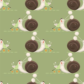 Family of snails on a walk on seamless pattern