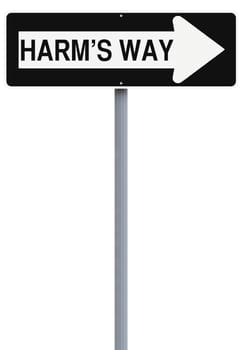 A modified one way sign pointing towards Harm's Way