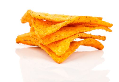 Nachos corn chips with fresh salsa isolated on white