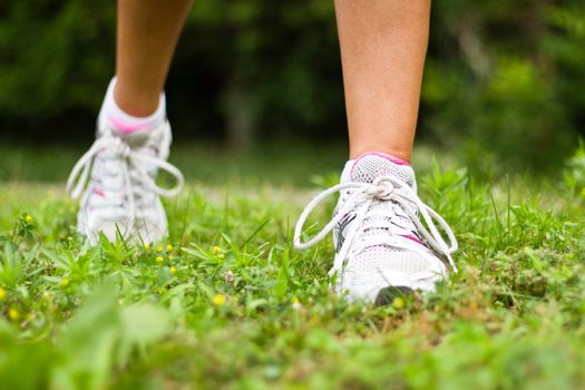 Running shoes close-up.  Female runner.