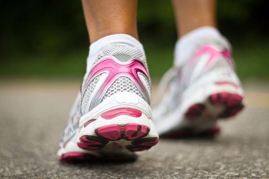 Running shoes close-up.  Female runner.