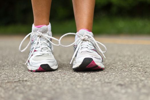 Running shoes close-up.  Female runner.