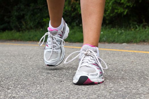 Running shoes close-up.  Female runner.