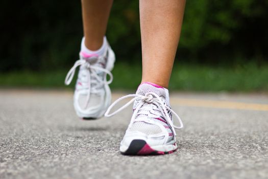 Running shoes close-up.  Female runner.