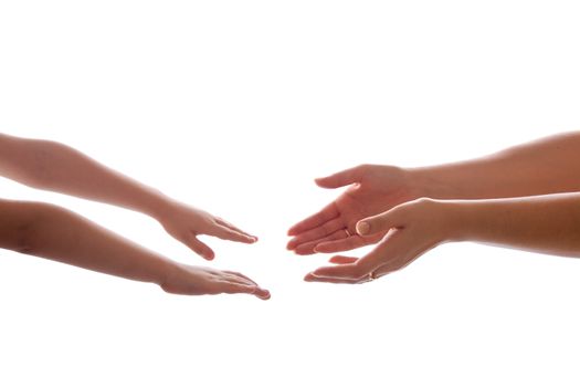 Two reaching hands, mother and son isolated