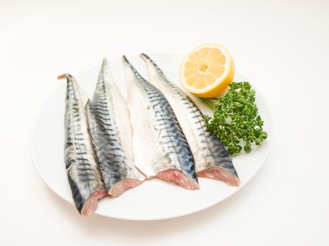 Raw mackerel fish filet with half a lemon and parsley on white plate